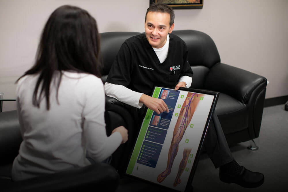 Dr. Pinsinski holding up a diagram of a leg and talking to a patient